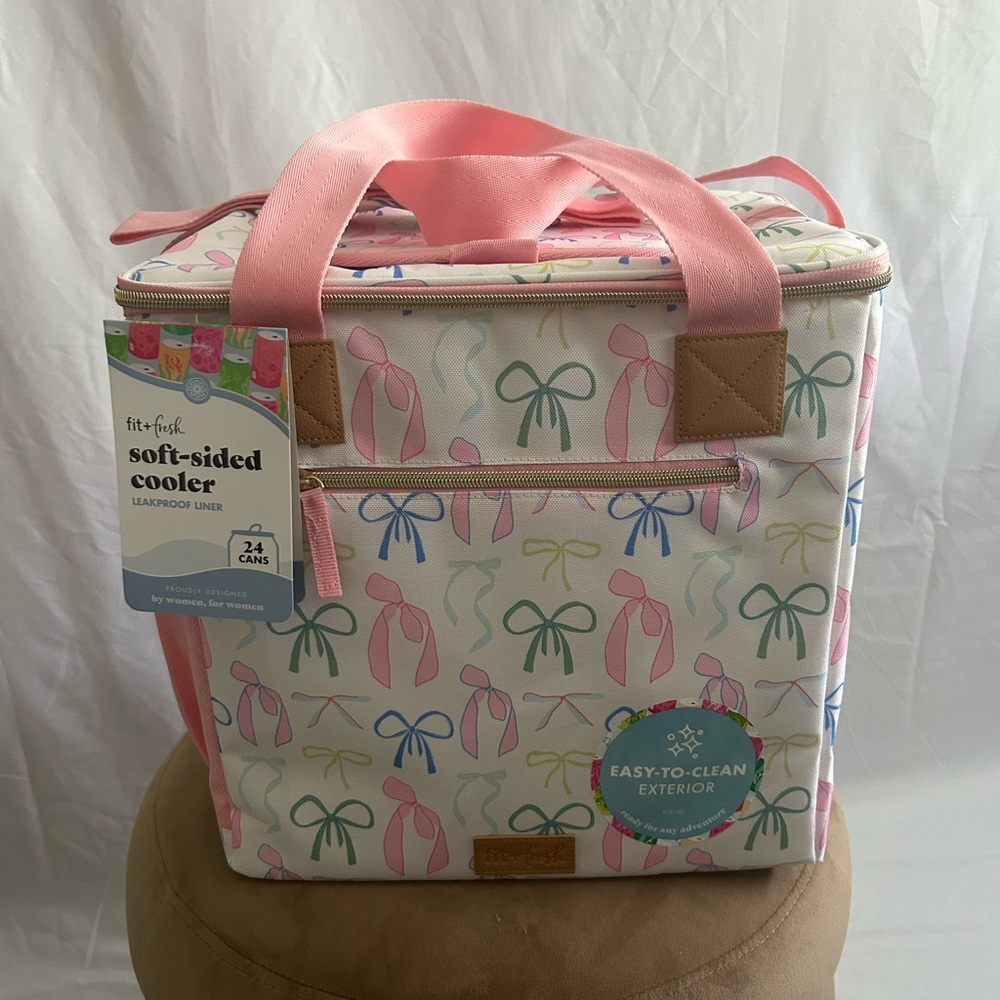 *New* Fit + Fresh Pink and Colorful Bow Design Soft-Sided Cooler - Picture 2 of 16
